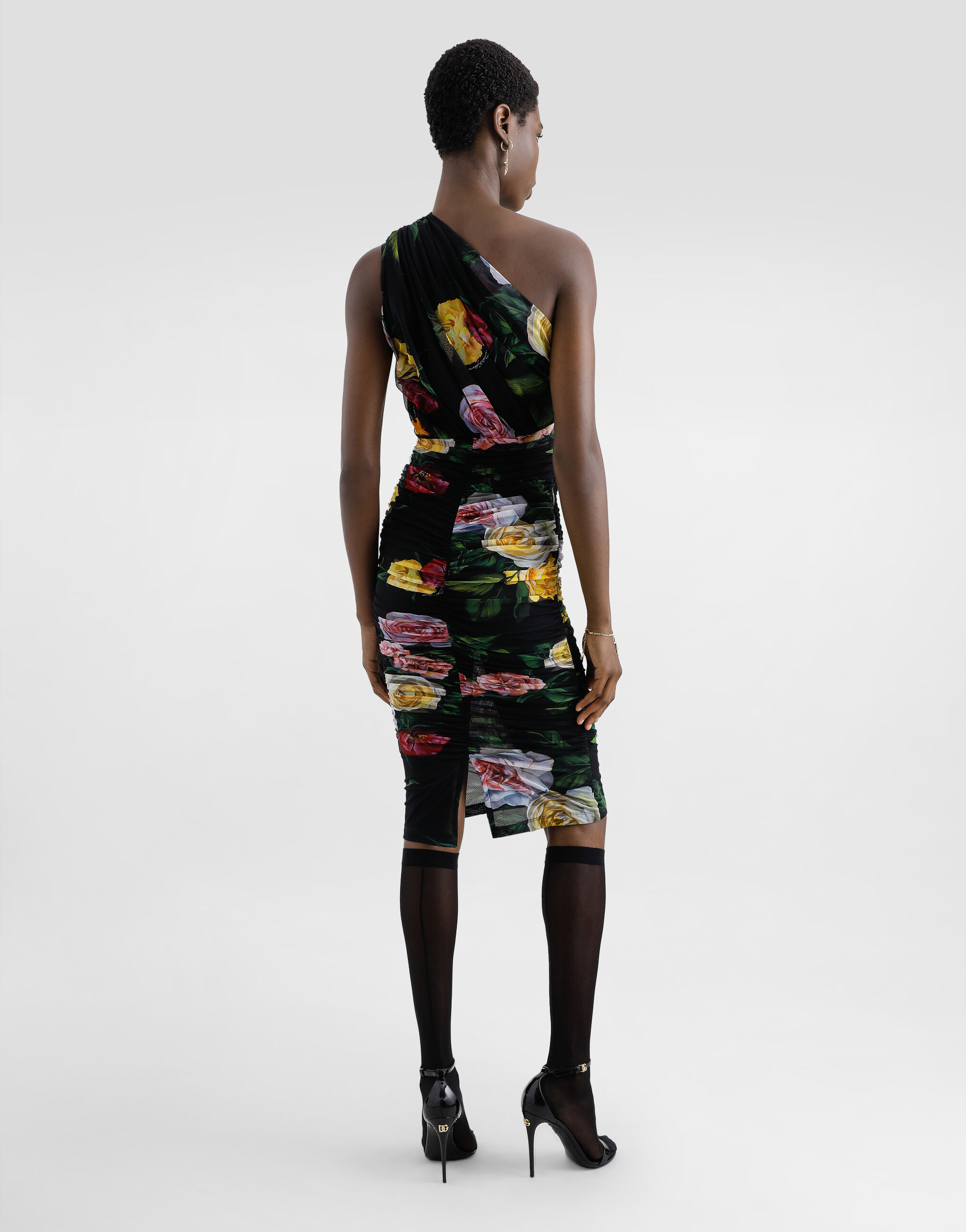 Tulle one-shoulder calf-length dress with peony and rose print in Print for  Women | Dolce&Gabbana® US