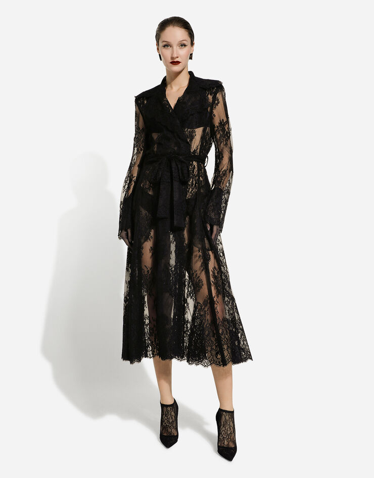 Dolce&Gabbana Manteau en dentelle de Chantilly avec ceinture Noir F0W0KTHLMO7