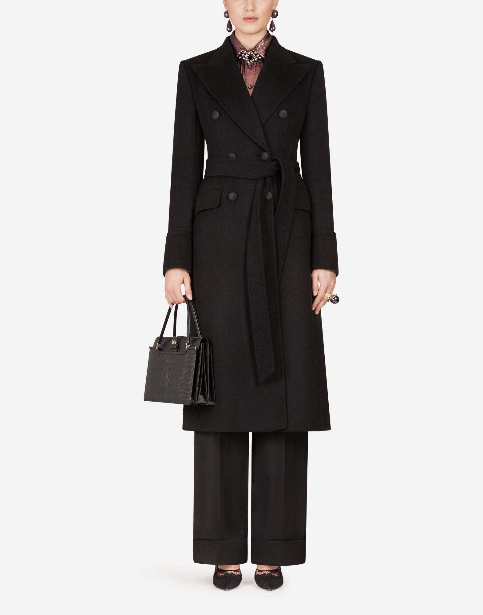 Double breasted woolen cloth belted coat in BLACK for Women Dolce Gabbana