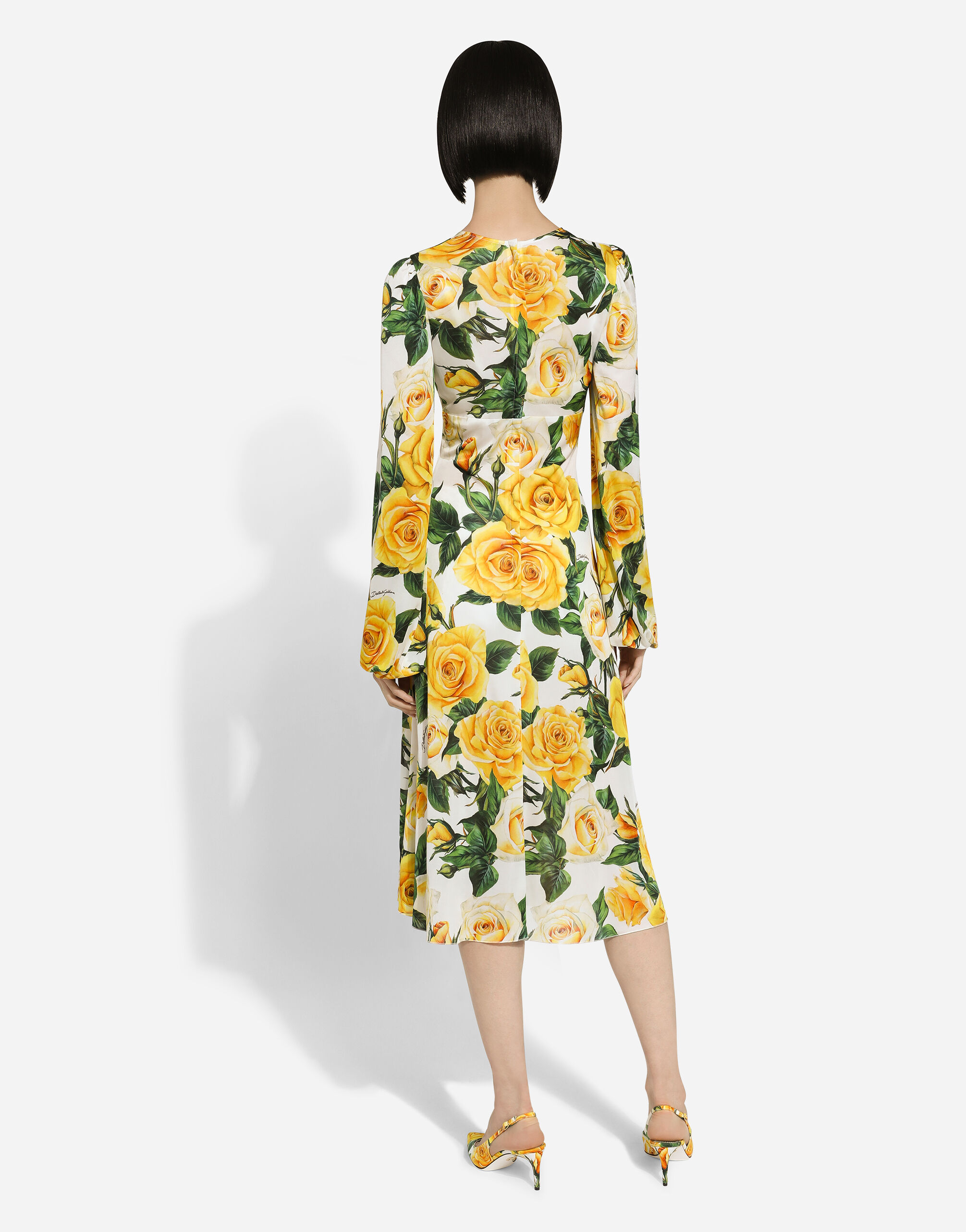 Organzine V neck dress with yellow rose print in Print for Women Dolce Gabbana