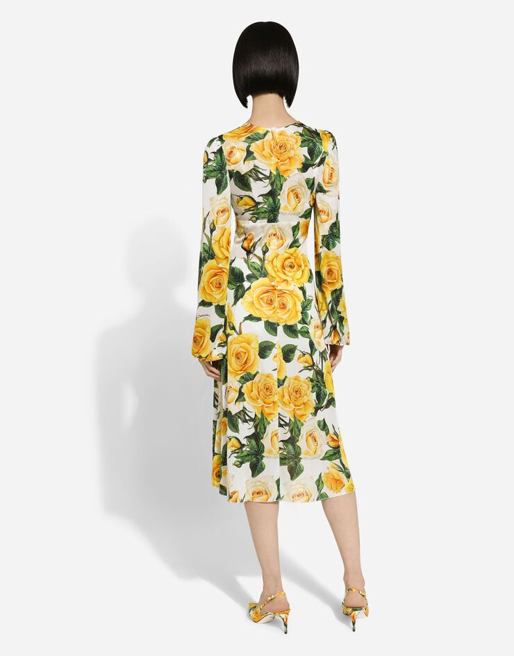 Dolce & Gabbana فستان أورغانزا بياقة على شكل V وطبعة وردة صفراء مطبعة F6CQETFS8C3
