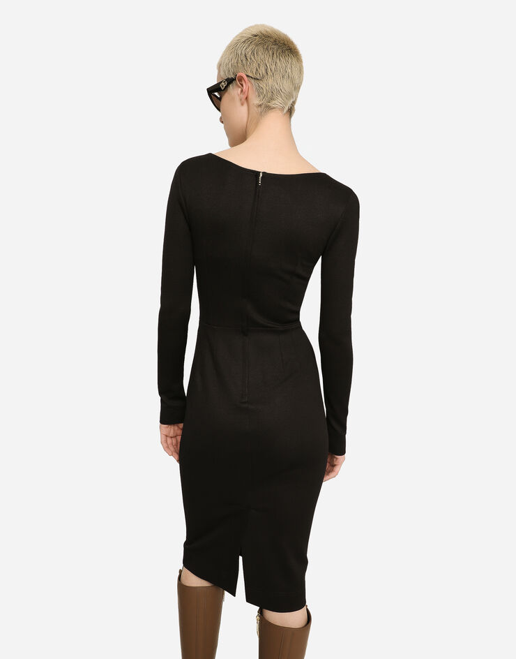 Dolce & Gabbana Milano rib calf-length dress with DG logo Black F6ARMTFUGPN
