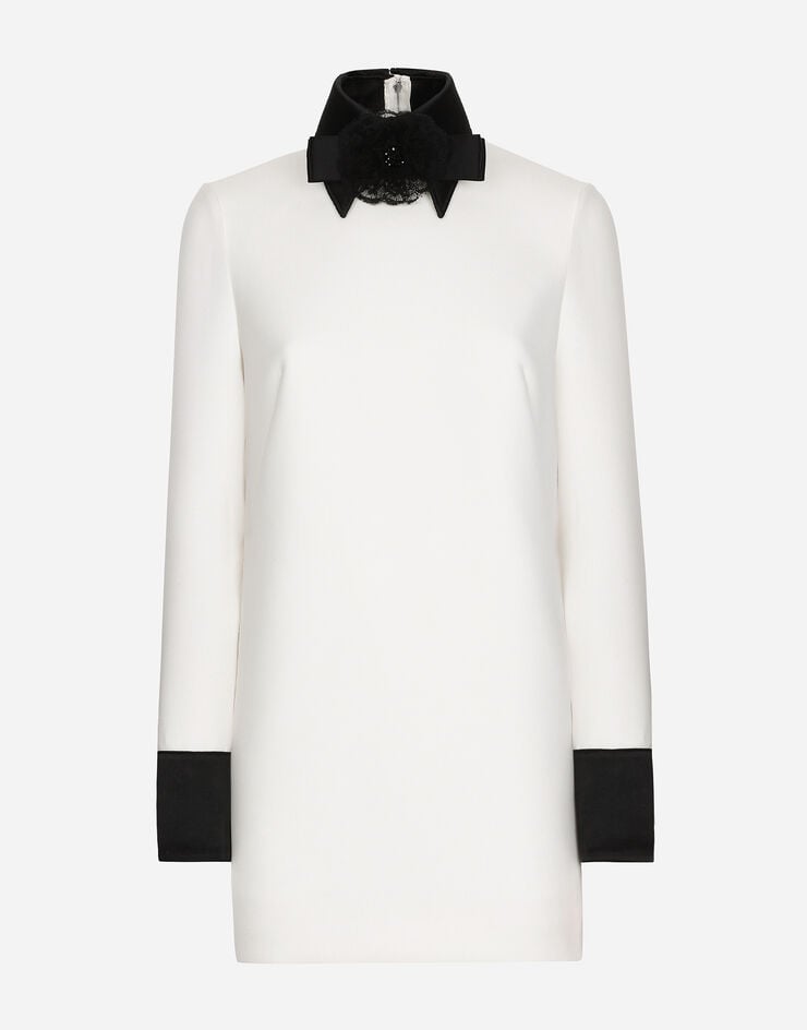 Dolce & Gabbana Abito corto in tela di lana con dettagli in raso Bianco F6JEETFUBGE