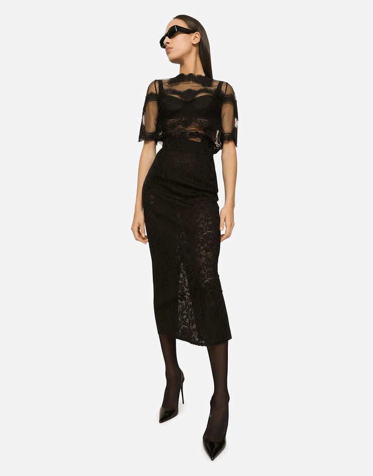 Dolce&Gabbana Lace-stitch calf-length skirt Black FXD20TJBMR6