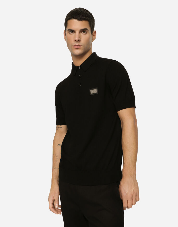 Dolce&Gabbana Wool polo-shirt with branded tag Black GXO38TJCVC7