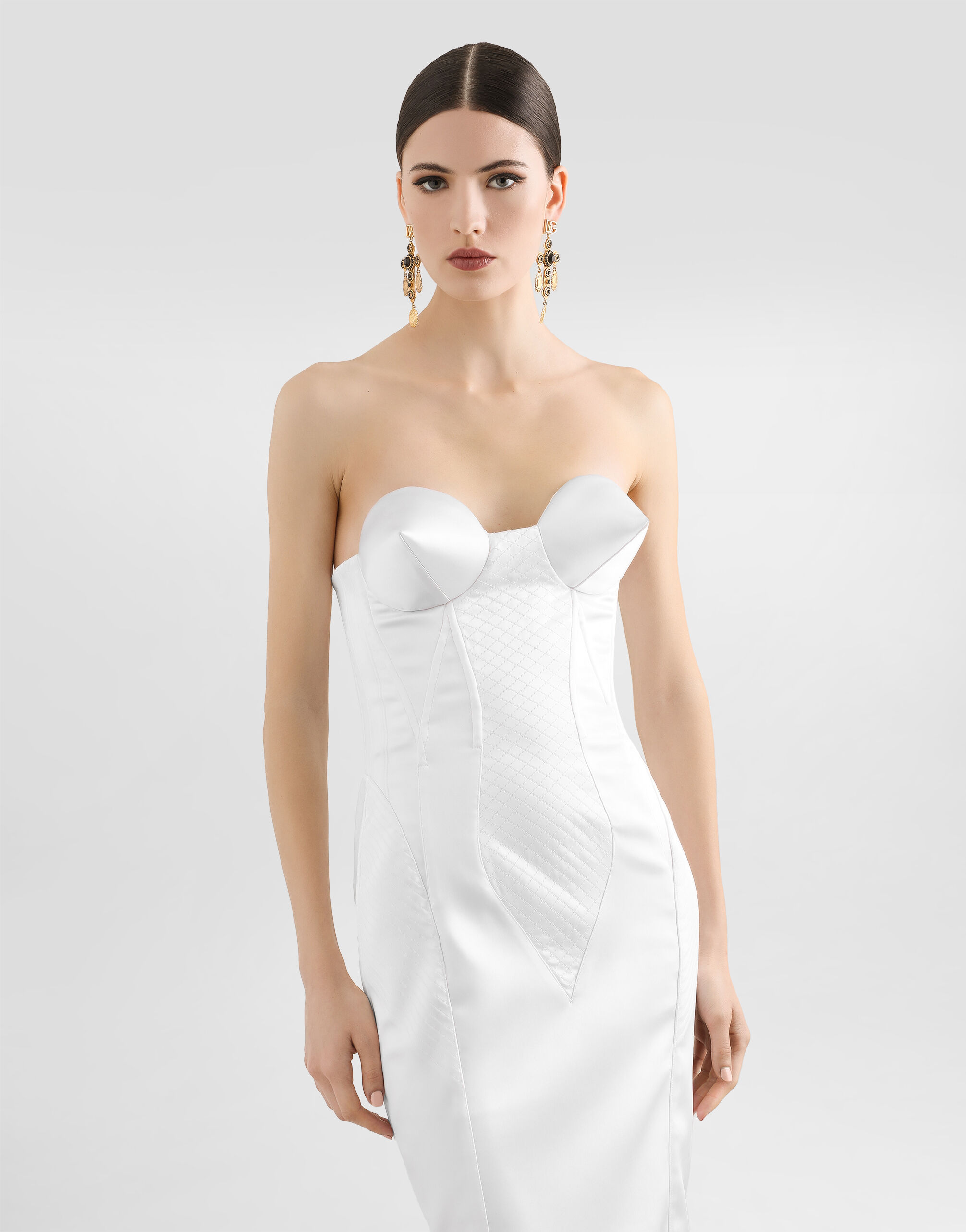 Strapless satin dress with corset details in White for Women