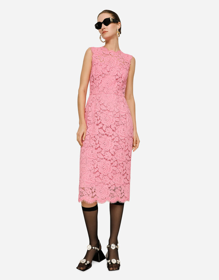 Dolce & Gabbana Branded stretch lace calf-length dress Pink F6H0ZTFLRE1