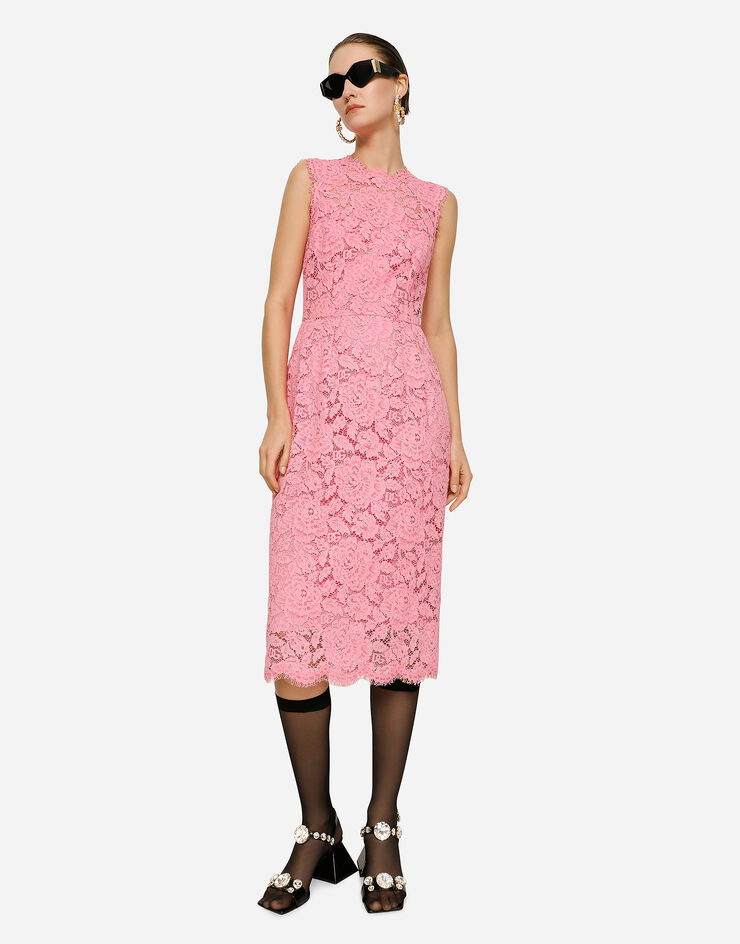 Dolce & Gabbana Longuette-Kleid aus elastischer Spitze mit Logo Rosa F6H0ZTFLRE1
