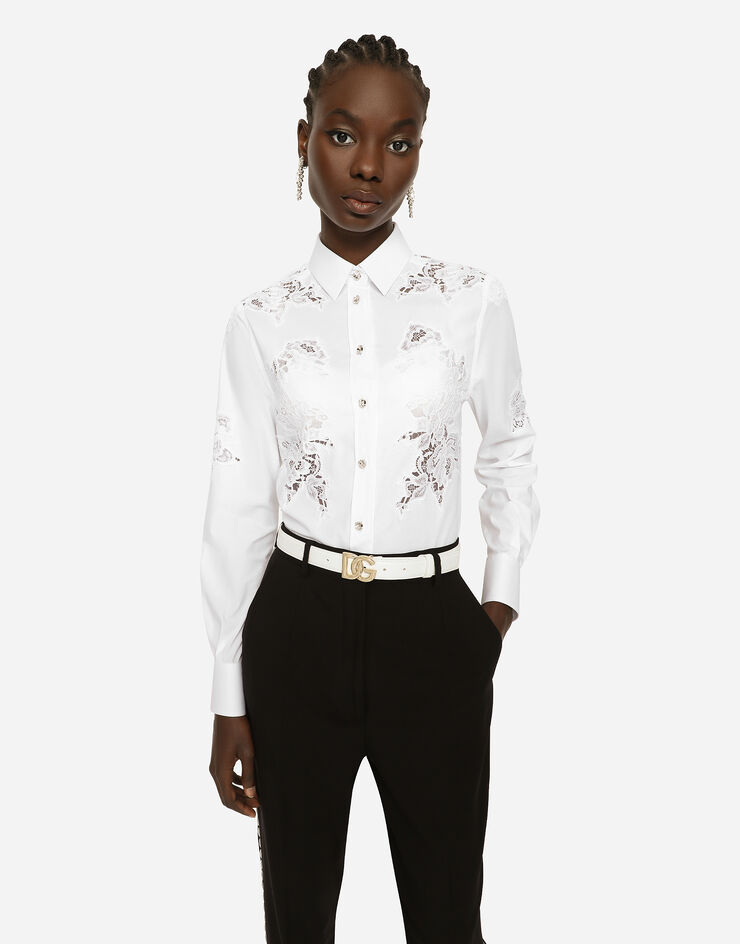 Dolce & Gabbana Camisa de popelina con entalladuras de encaje Blanco F5K35ZFUEAJ