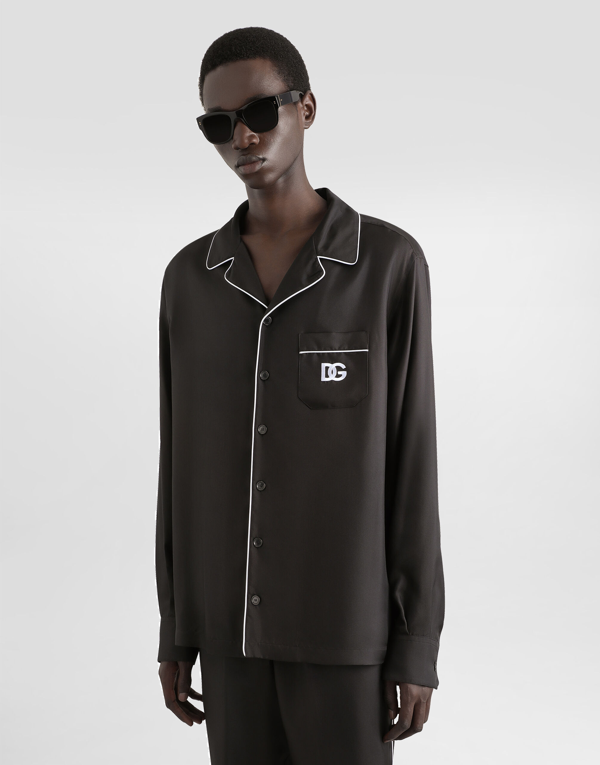 Blackのメンズ シャツ シルク DGロゴ エンブロイダリーパッチ