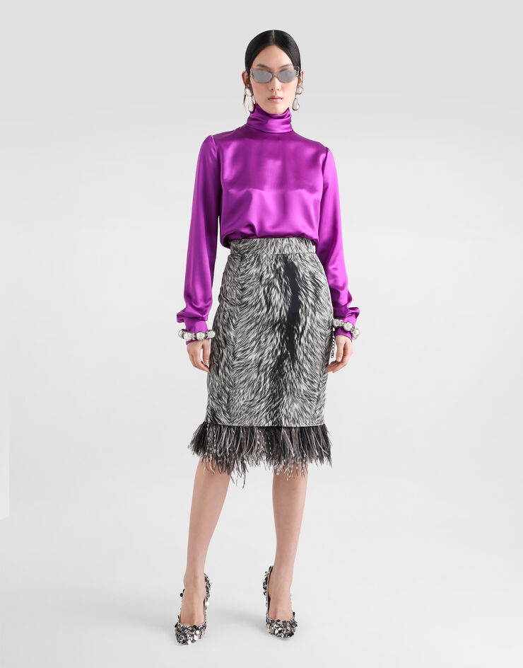 Dolce & Gabbana Jupe fourreau mi-longue en charmeuse à imprimé fourrure et plumes Gris F4C1ITFSA71