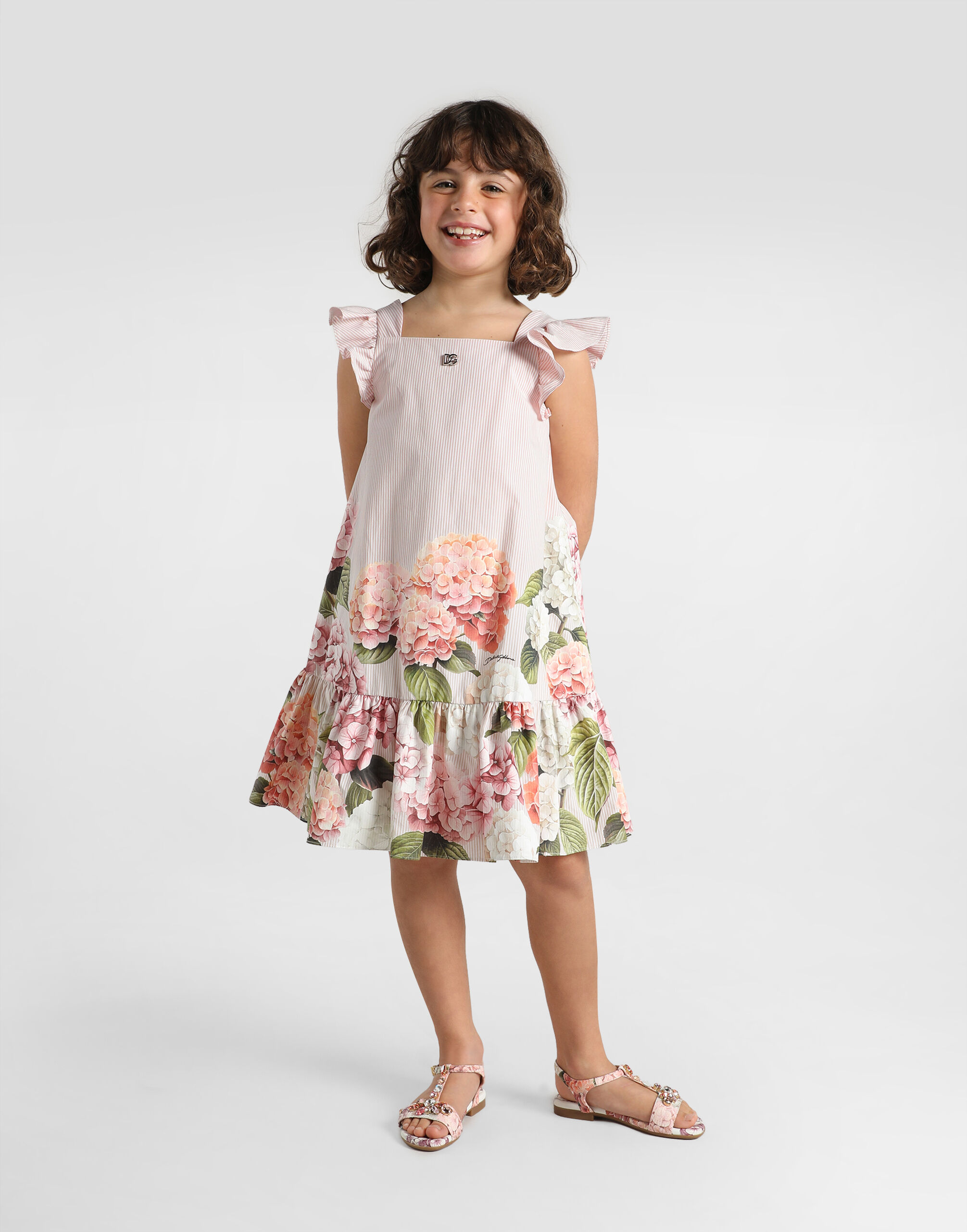 Hydrangea-print striped cotton canvas dress in Multicolor for