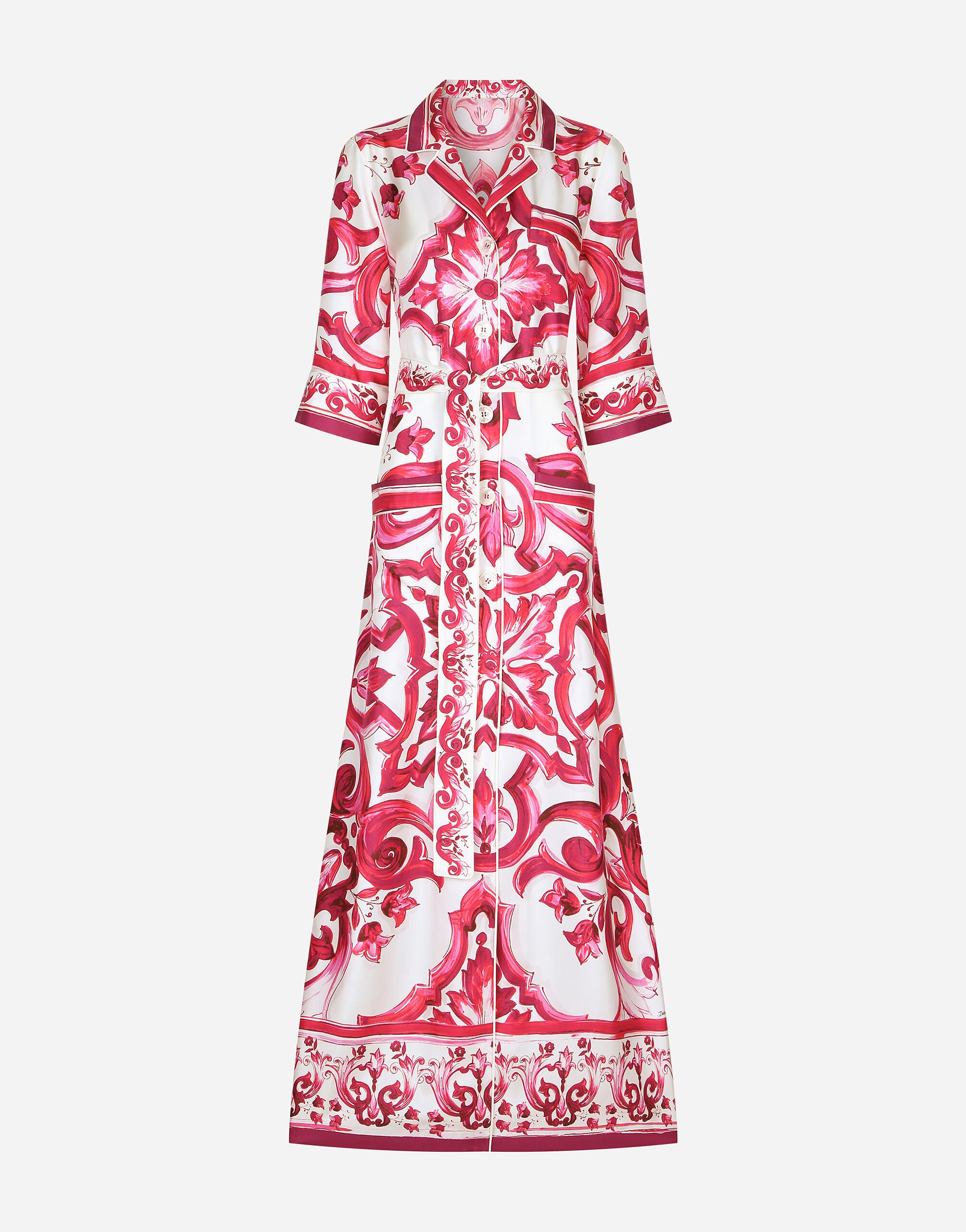 Dolce & Gabbana 마욜리카 프린트 트윌 롱 셔츠 드레스 골드 CR1339AY828