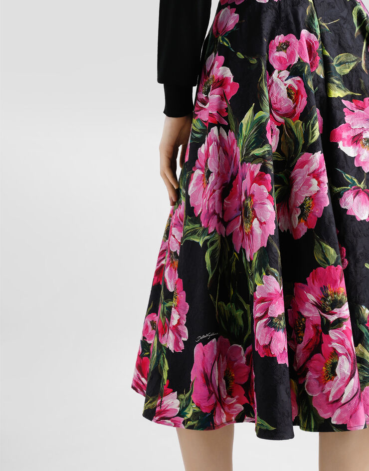 Dolce & Gabbana Longuette-Tellerrock aus Baumwolle Pfingstrosen-Print Drucken F4C2ITFSFN9