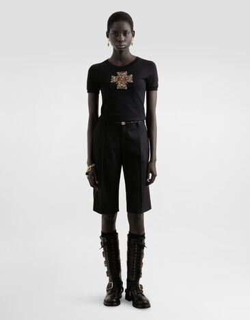 Dolce & Gabbana Cotton t-shirt with swarovski cross Black F8N08ZGDC7G