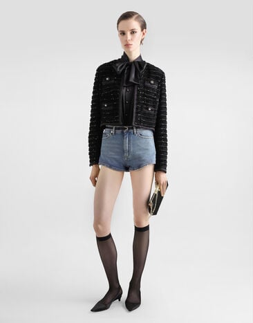 Dolce & Gabbana Short single-breasted tweed jacket with micro-sequin embellishment Black F27CETHUMKN