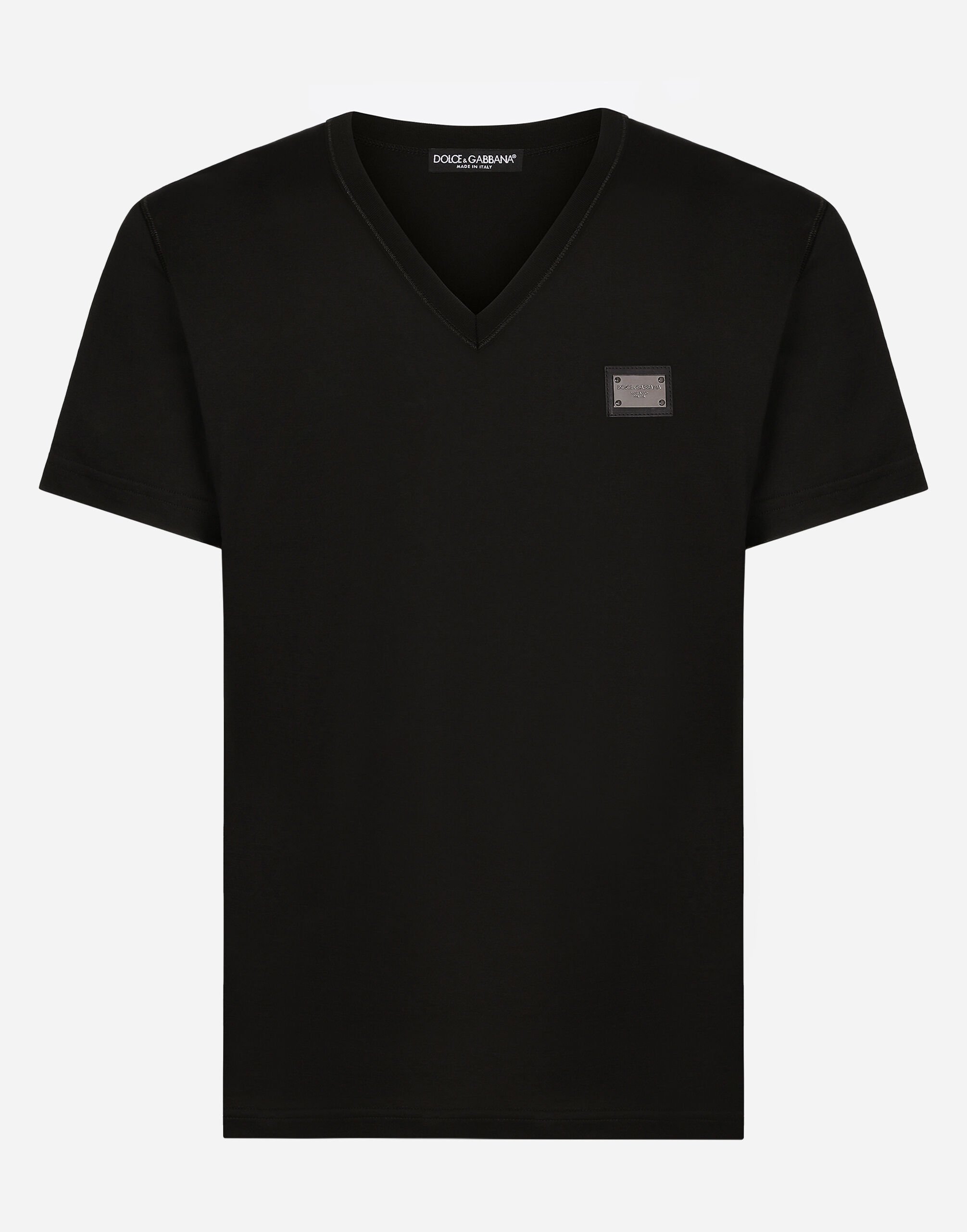 Dolce & Gabbana Cotton V-neck T-shirt with branded tag Black F9O24ZFU7DU