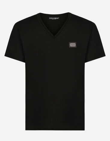 Dolce & Gabbana Camiseta de algodón con cuello de pico y placa con logotipo Negro VG4390VP187