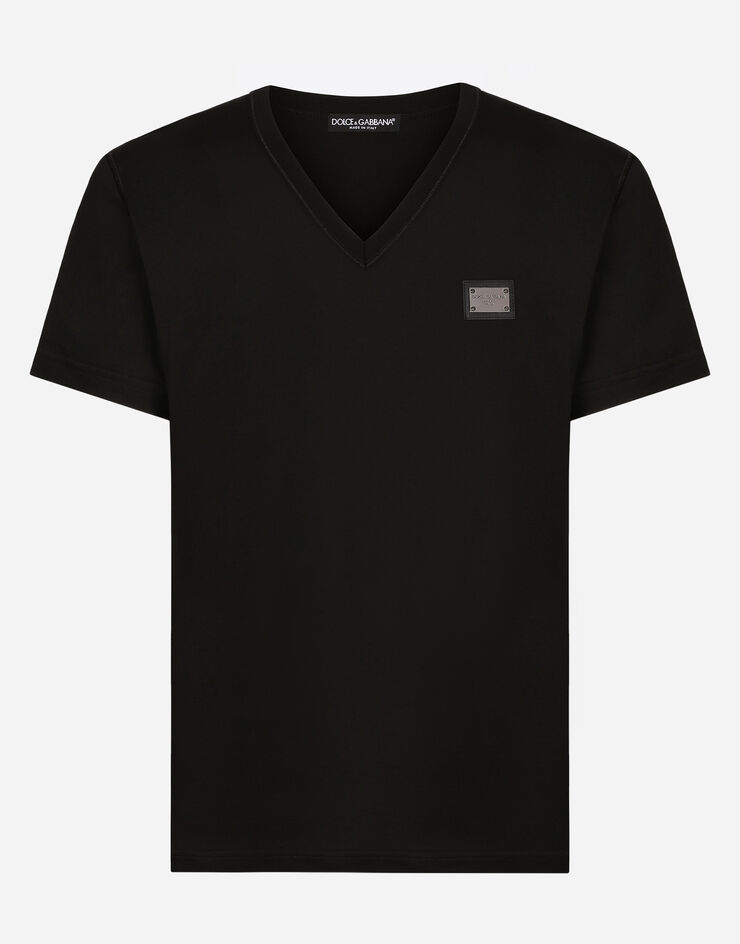 Dolce & Gabbana Camiseta de algodón con cuello de pico y placa con logotipo Negro G8PT2TG7F2I