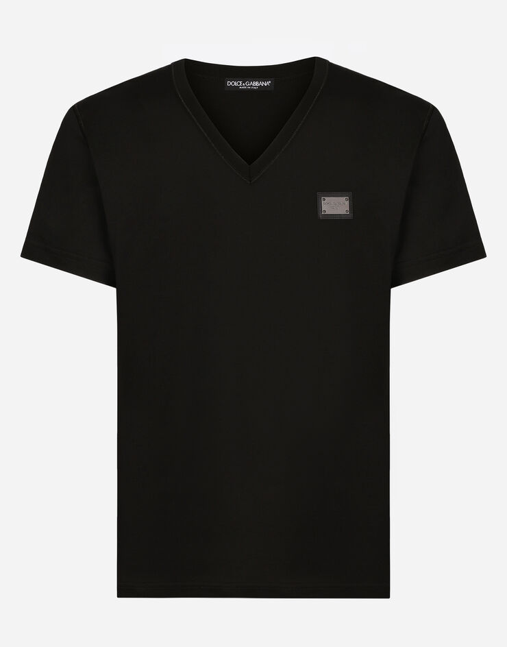 Dolce & Gabbana 로고 태그 코튼 브이넥 티셔츠 블랙 G8PT2TG7F2I