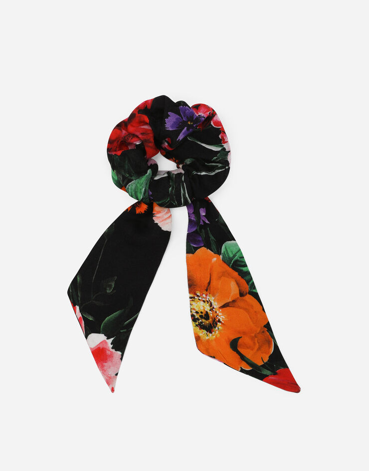 Dolce & Gabbana Viyella scrunchie with floral print over a black background Print LB7A22FS8DD