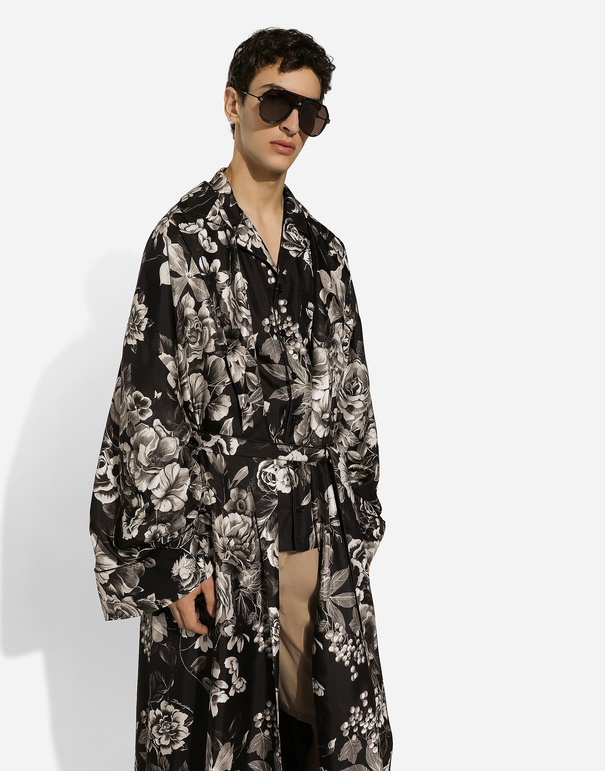 Camicia in twill di seta stampa fiori in Stampa da Uomo Dolce Gabbana
