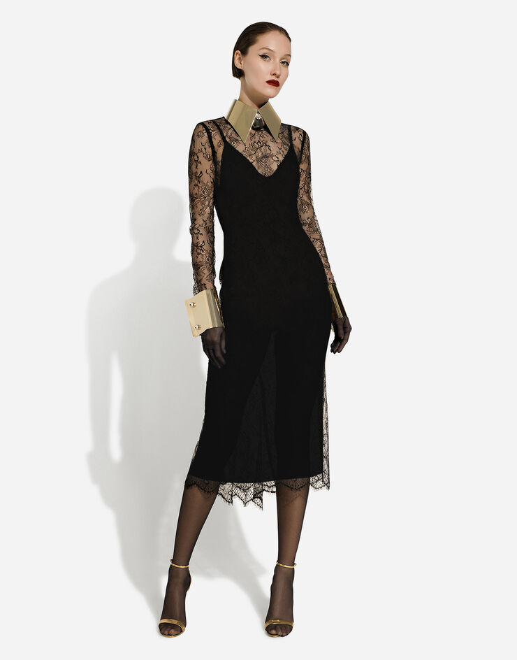 Dolce & Gabbana Fil-Coupé-Longuette-Kleid aus Chantilly-Spitze Schwarz F6DEHTHLM9O