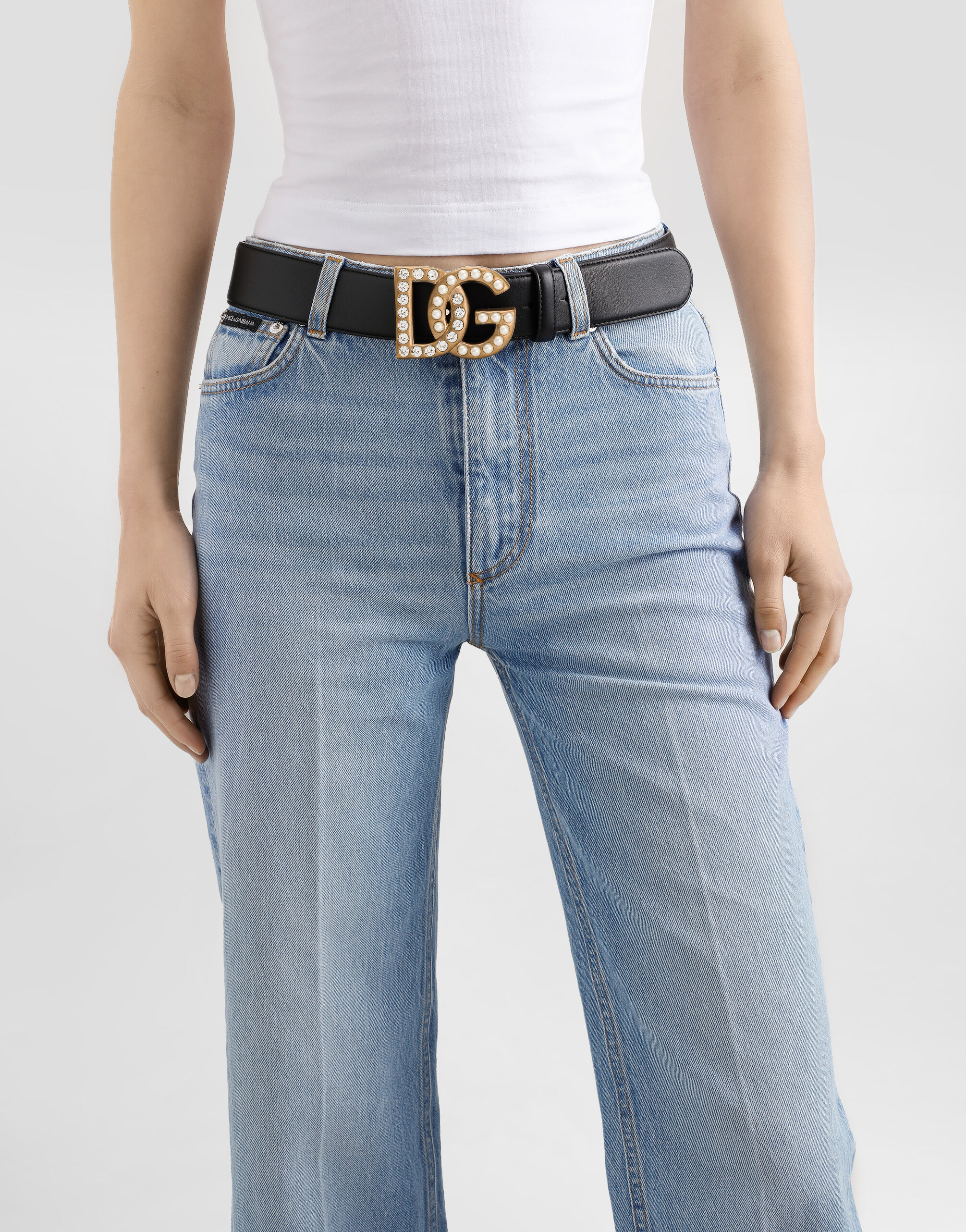 Calfskin belt with bejeweled DG logo in Multicolor for Women