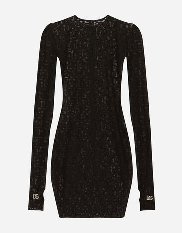 Dolce & Gabbana Short tulle dress with all-over DG logo Black F6ATTTFLEAQ