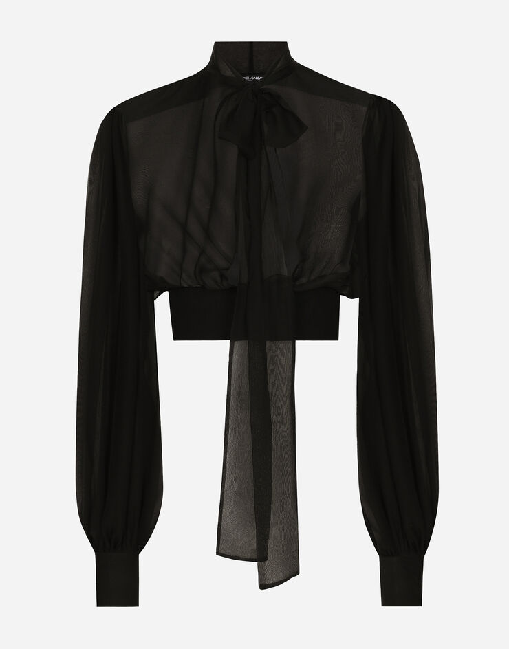 Dolce & Gabbana Kurze Bluse aus Seidenchiffon mit Schleife am Kragen Schwarz F7AE5TFU1AT