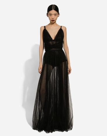 Dolce & Gabbana Long flocked lurex tulle dress Black F6DGVTFLSC1