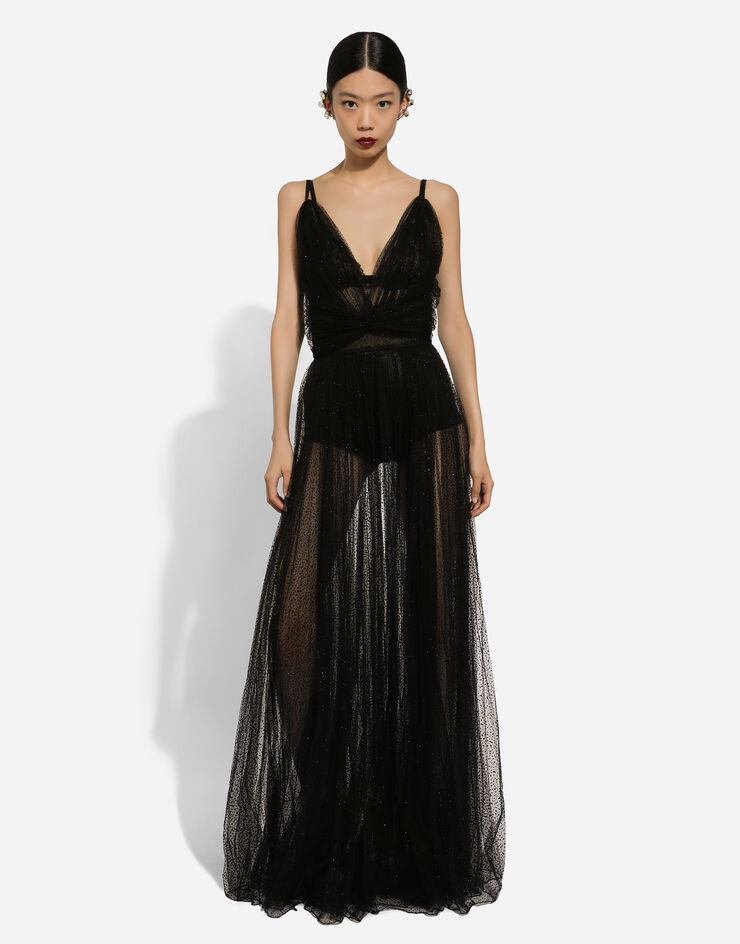 Dolce & Gabbana Long flocked lurex tulle dress Black F6DGVTFLSC1