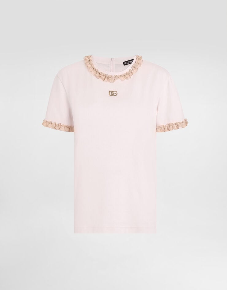Dolce & Gabbana Camiseta en jersey con encaje y bordado Pink F8V42ZGDDPN