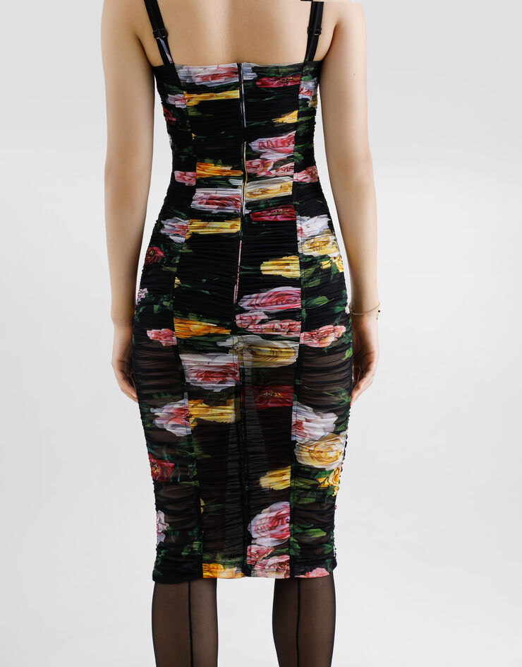 Dolce & Gabbana Tulle calf-length slip dress with draping and peony and rose print Print F6FAKTFSUBI