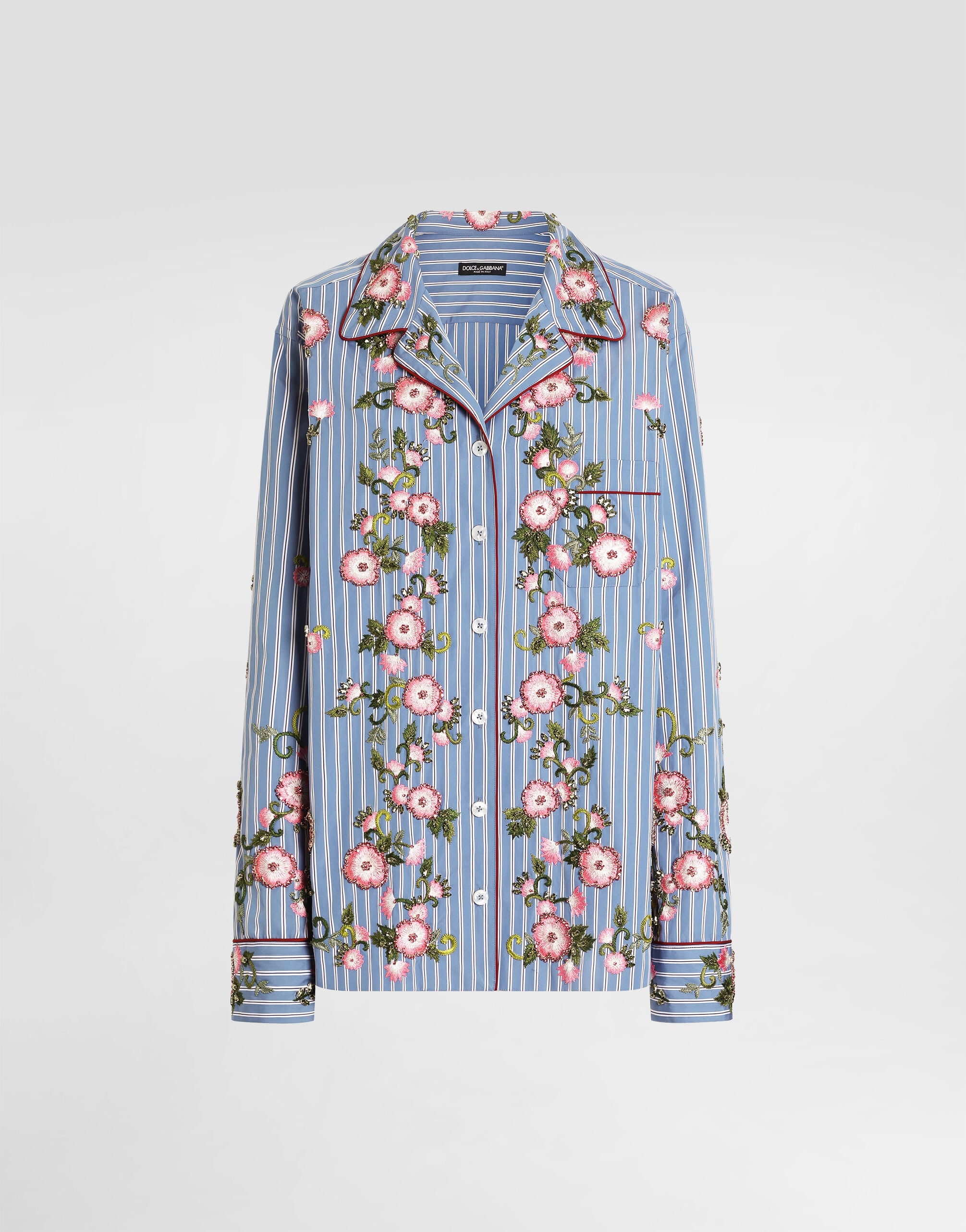 Poplin shirt with flowers and crystals embroidery in Multicolor