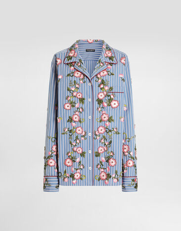 Dolce & Gabbana Camisa en popelina con bordado de flores y cristales Multicolor F5U44ZGDDR8