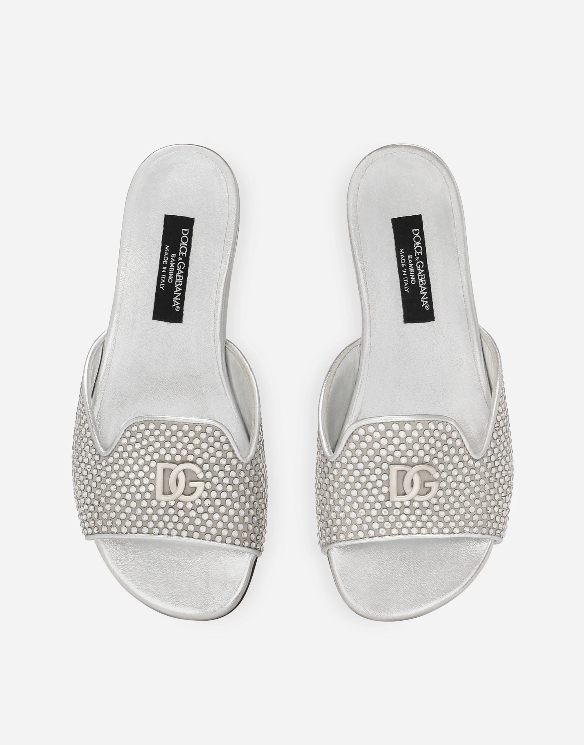 Foiled lambskin sliders with fusible rhinestones in Silver
