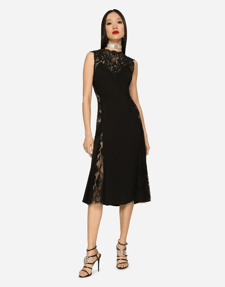 Dolce & Gabbana Charmeuse midi skirt with lace inserts Black F6R2FTFUADB