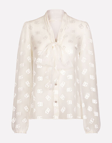 Dolce & Gabbana Devoré satin pussy-bow shirt with all-over DG logo White F5N70TFJTBR
