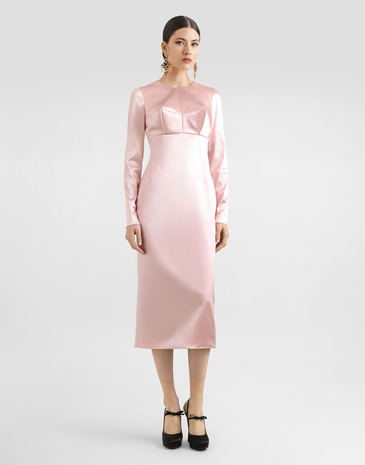 Dolce & Gabbana Vestido longuette de raso elástico con cuello redondo Rosa F6TRHTFURAD