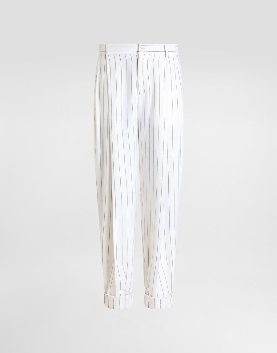 Pinstripe linen-blend pants with double darts