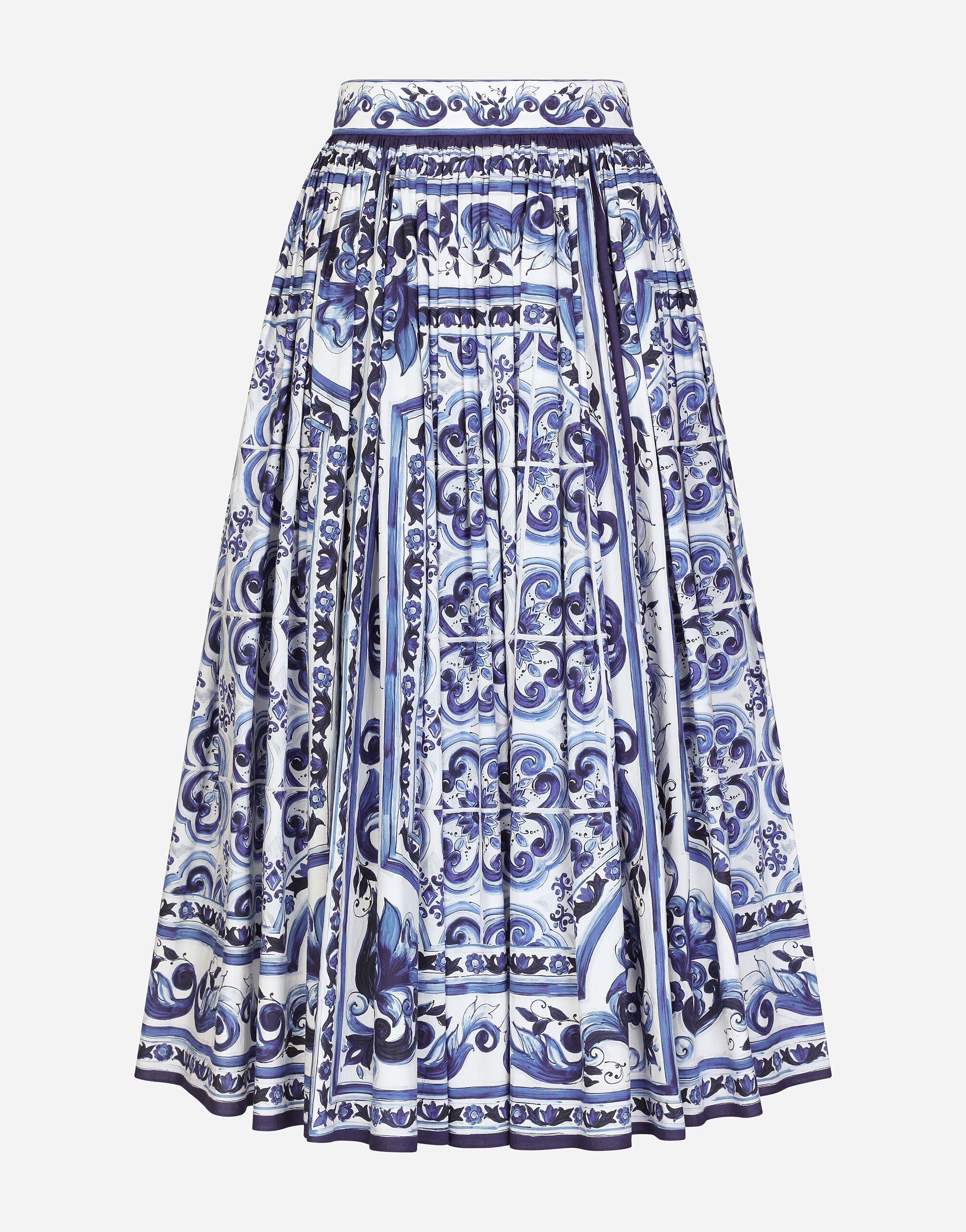 Dolce & Gabbana Majolica-print poplin calf-length skirt Black F4CB0TFUTBI