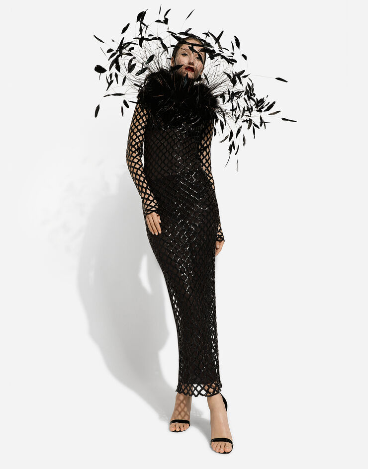 Dolce & Gabbana Vestido largo de red bordada con lentejuelas Negro F6DFDTFLSIO