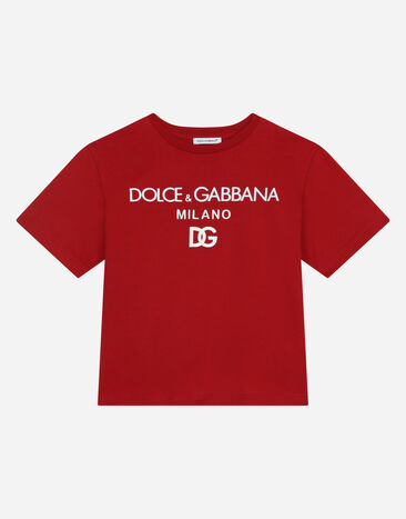 Dolce & Gabbana Rundhals-T-Shirt aus Jersey Stickerei DG Milano Rot L4JTEYG7E5G