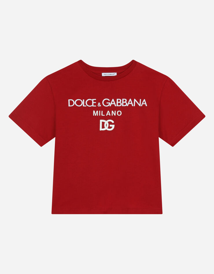 Dolce & Gabbana Rundhals-T-Shirt aus Jersey Stickerei DG Milano Rot L4JTEYG7E5G