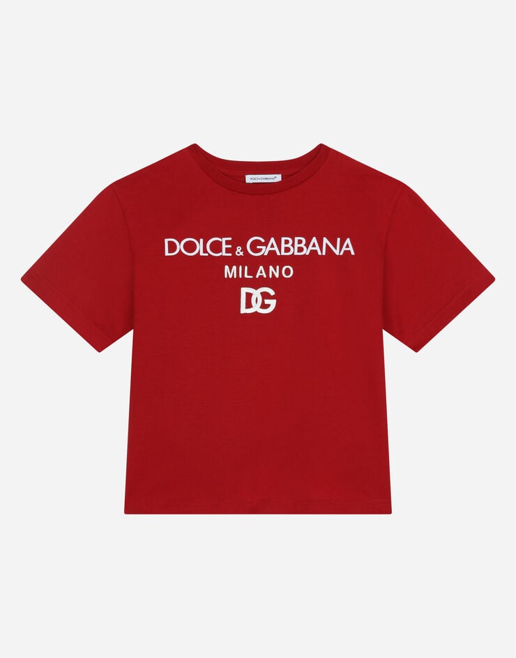 Dolce & Gabbana DG 밀라노 자수로 장식한 라운드넥 저지 티셔츠. 레드 L4JTEYG7E5G