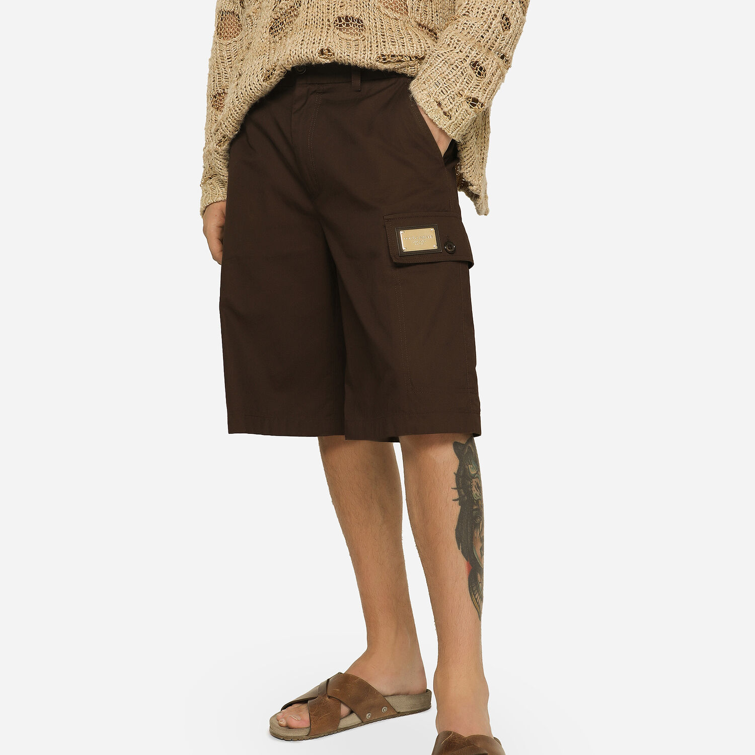 Cotton gabardine cargo Bermuda shorts with brand plate in Brown for |  Dolce&Gabbana® US