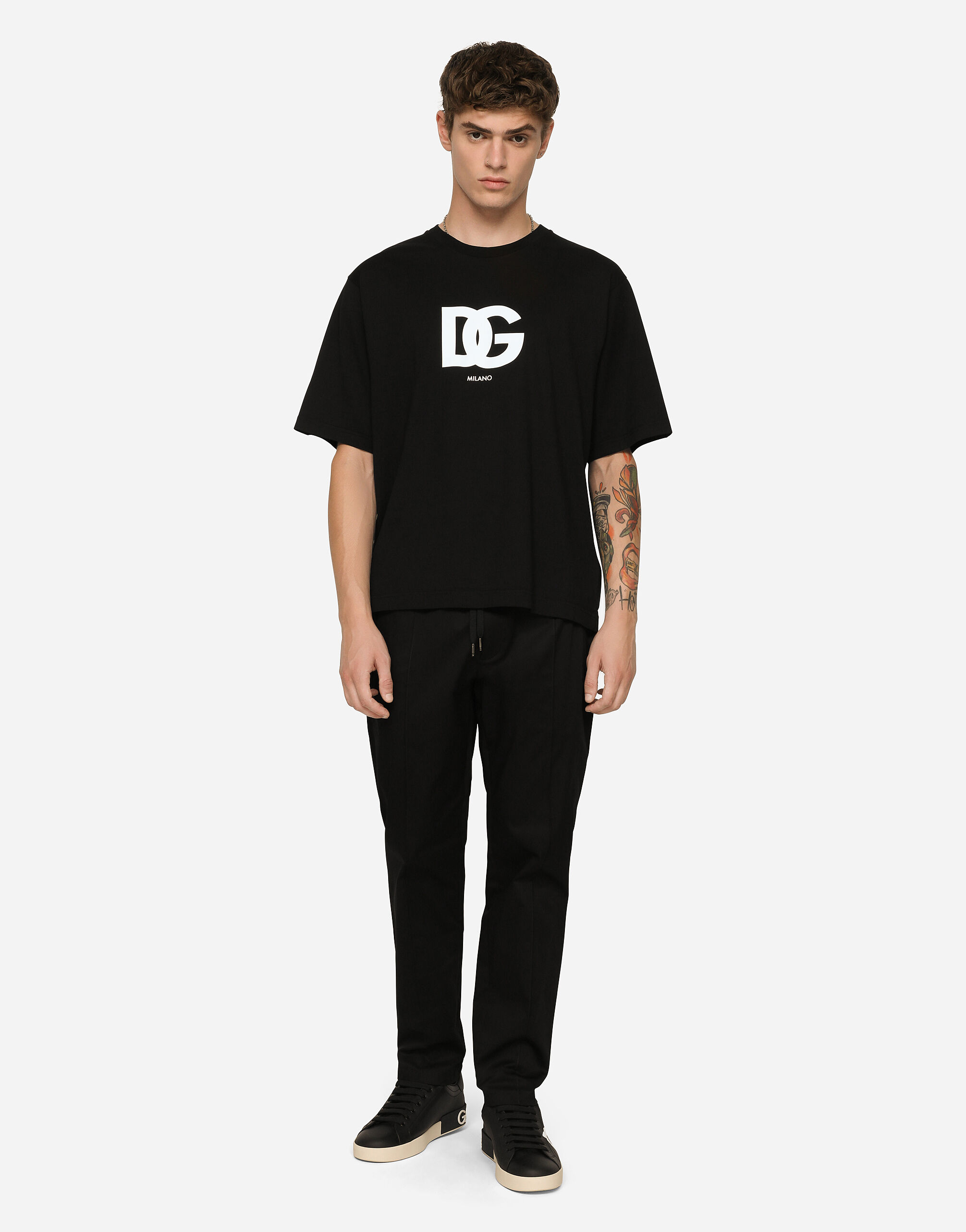 Stretch cotton jogging pants with plate