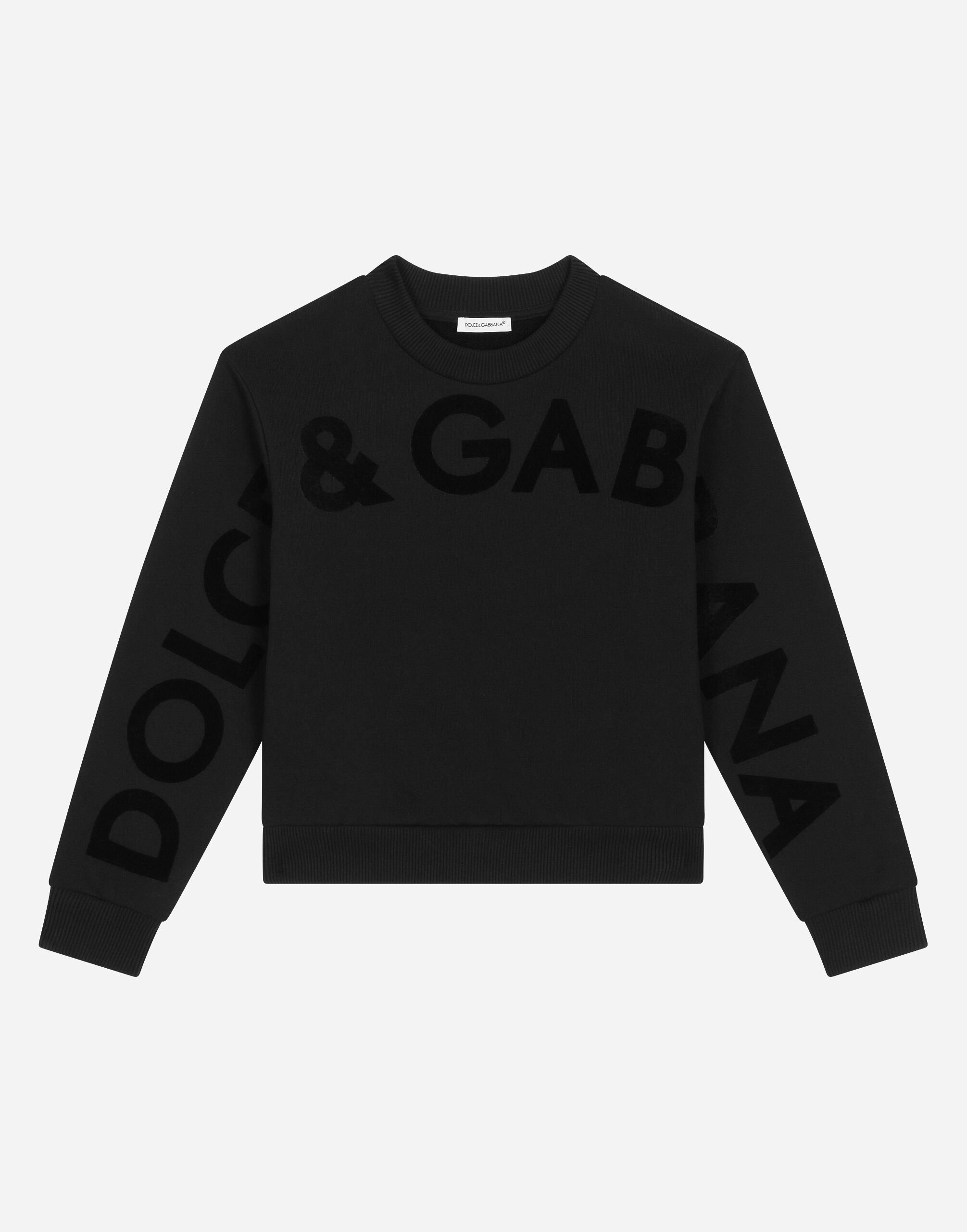 Dolce & Gabbana Round-neck jersey sweatshirt with flocked print Black L4JTEYG7K8Z