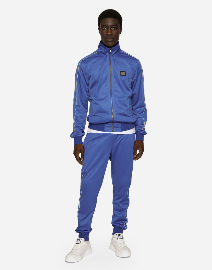 Dolce & Gabbana Sweat-shirt zippé en triacétate avec plaquette et bandes Bleu G9AOYTHU7B0